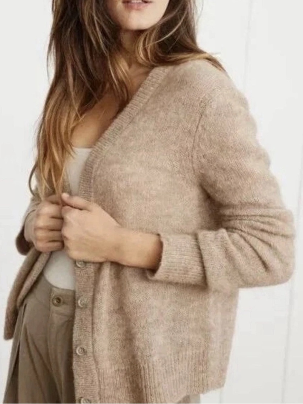 Jenni Kayne Boyfriend Cardigan Size Large Beige Alpaca Wool Knit V Neck Sweater